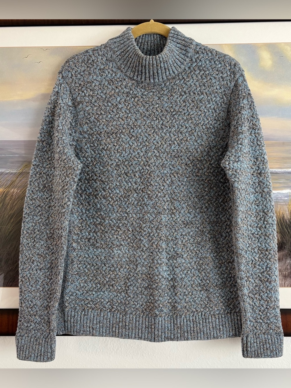 Overland Alaina Basketweave Cable Knit Cotton Mock Neck Sweater Glacier L